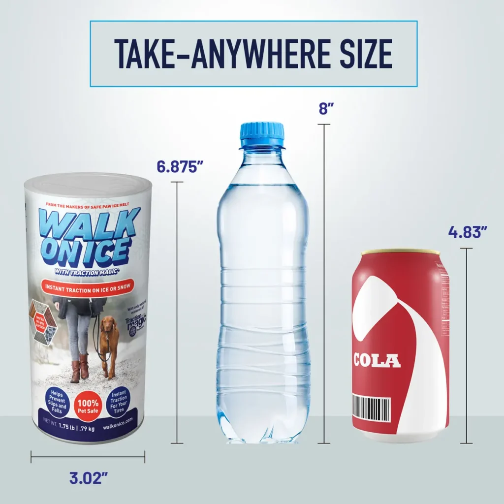 Walk On Ice canister shown beside common portable containers for size context