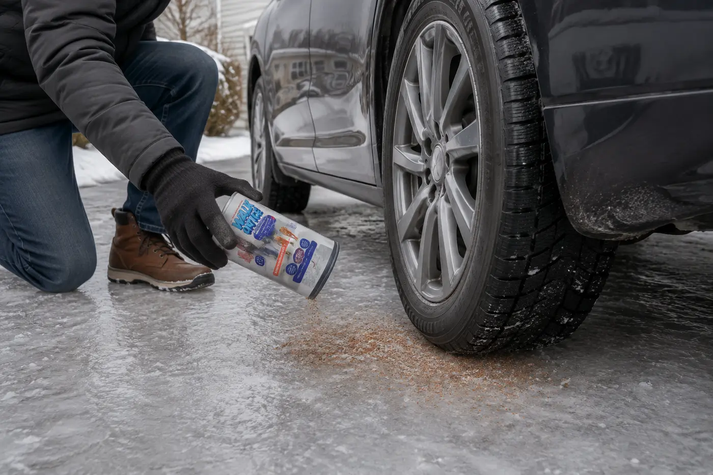 Walk On Ice mineral traction granules being applied to icy ground at a stationary vehicle tire