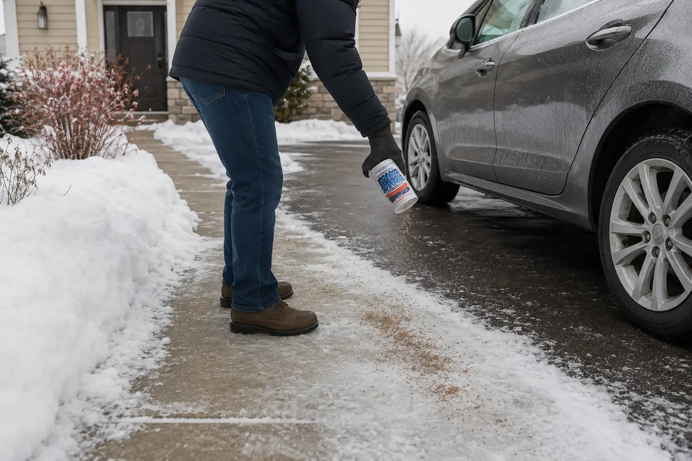 A homeowner applying Walk On Ice along an icy walkway and driveway access route