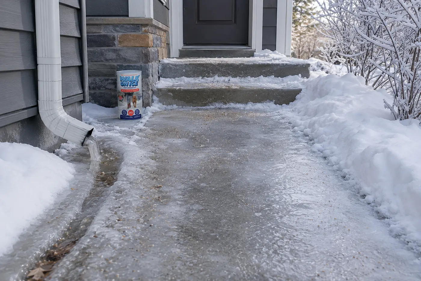 Recurring ice caused by shade, roof runoff and compacted snow along a residential walkway